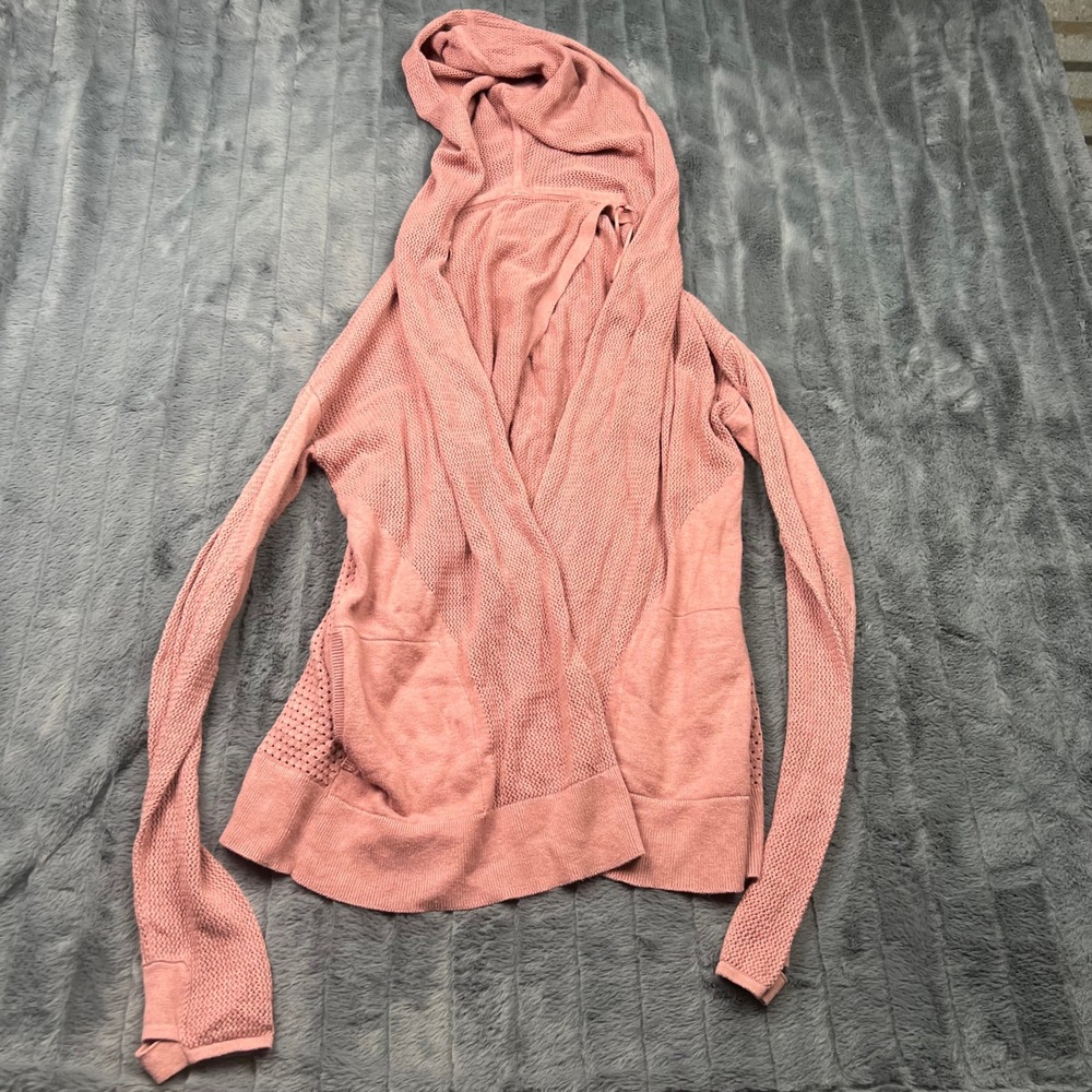 Lululemon Pink Open Front Hooded Mesh Knit Cardigan Wrap Sweater Thumbholes